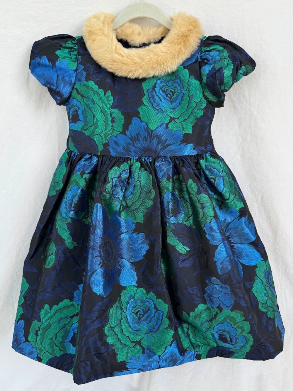 Janie & Jack Floral Jacquard Faux Fur Collar Holiday Dress Size 3